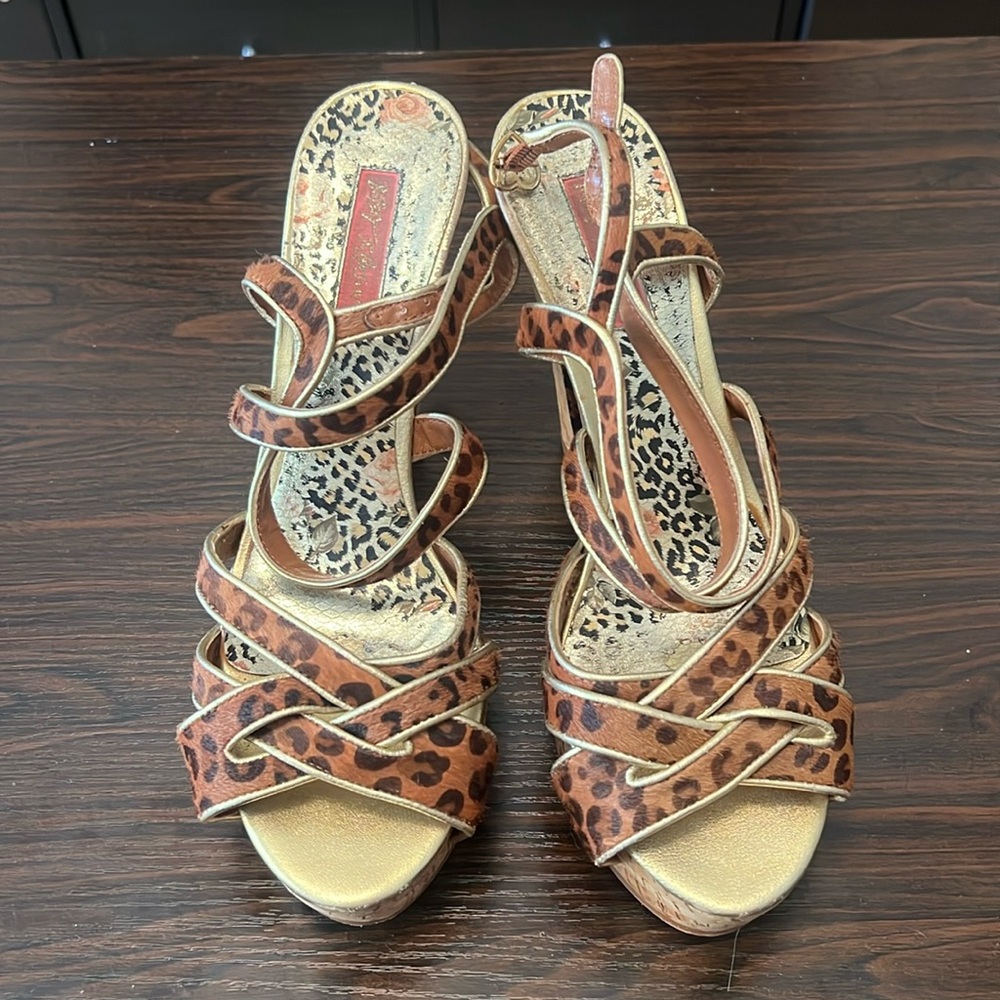 Betsy Johnson, leopard and gold high heels with platform and ankle strap size 10
